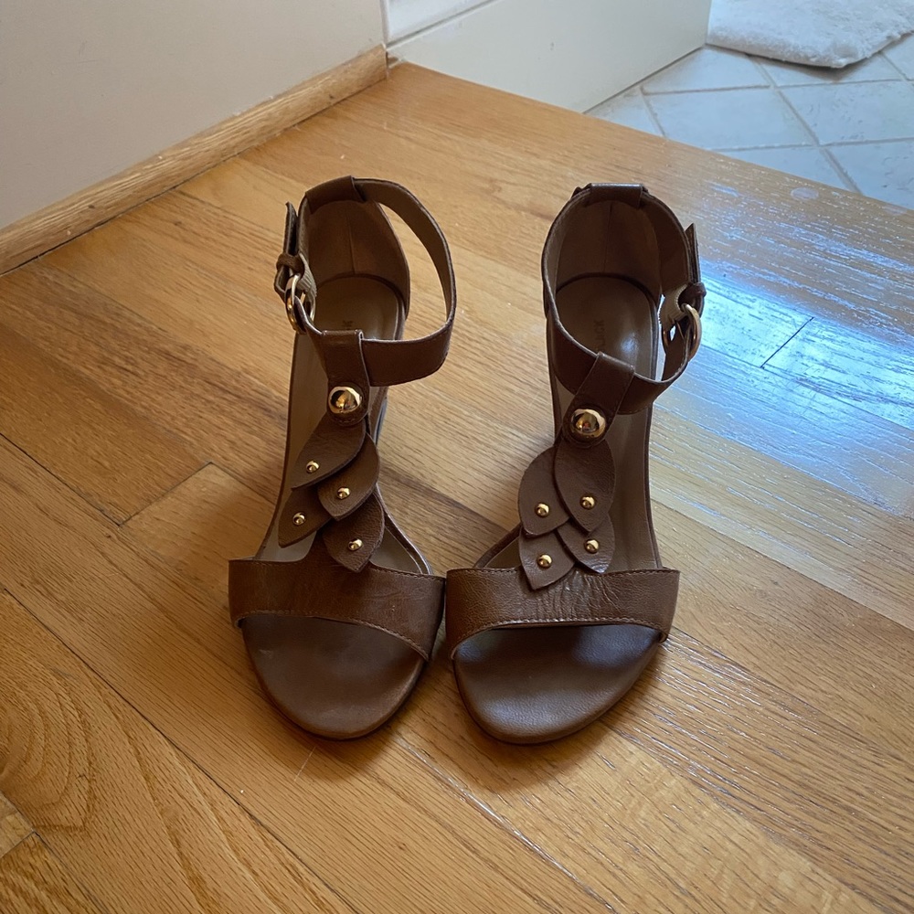 Tan All Black sandals with 2 inch heel